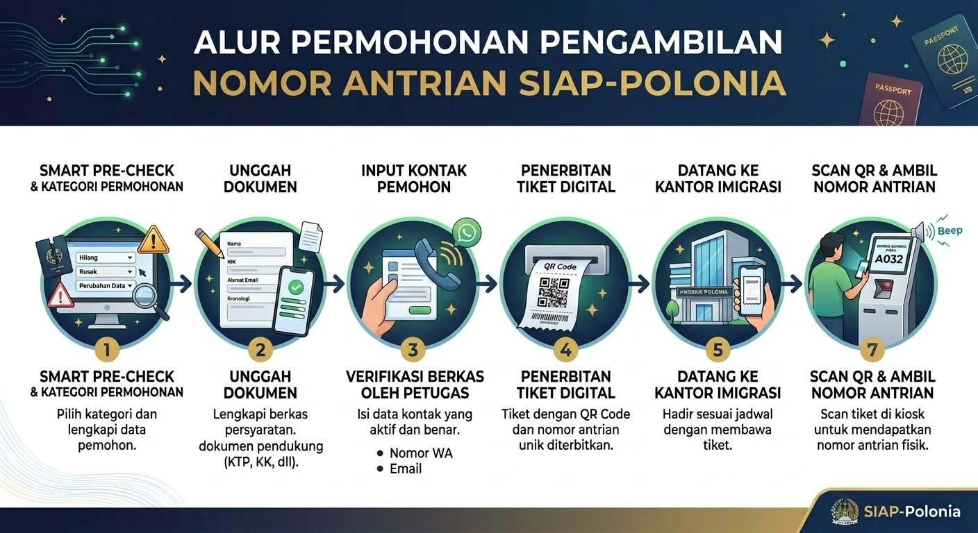 Infografik alur permohonan: Smart Pre-Check, unggah dokumen, verifikasi kontak, penerbitan tiket digital, datang ke kantor imigrasi, lalu scan QR untuk mengambil nomor antrian.